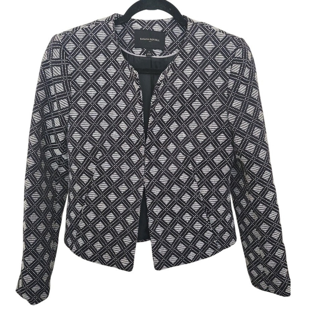 Banana Republic Womens Black White Geometric Diamond Jacquard Blazer Jacket 6 - Picture 1 of 9